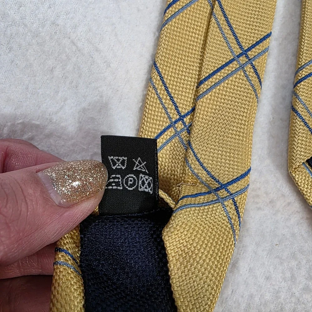 Thomas Pink Mens Yellow Blue Windowpane Check 100% Silk Tie Made in Morocco